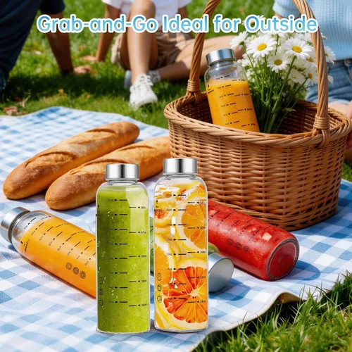 Vista 9 de Botellas de agua de vidrio Olivego con tapas 17 oz, botellas de jugo transparentes con tapa de acero inoxidable, botella de vidrio reutilizable