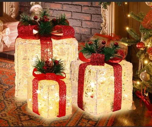 Vista 7 de LAMPHOME Juego de 3 Cajas de Regalo Iluminadas con 70 LED de Navidad, Luces Blancas Cálidas con Intermitente, Cajas Decorativas para Sendero, Adorno