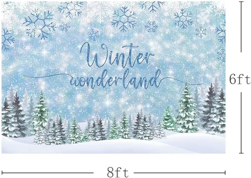 Vista 3 de MEHOFOND Telón de fondo de invierno de 8 x 6 pies, diseño de copo de nieve azul, fondo de fotografía de bosque con purpurina para decoración