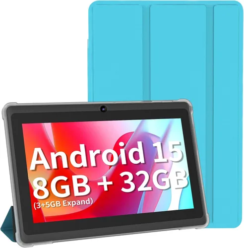 Vista 10 de Tablet de 7 pulgadas con funda, tabletas Android 15 de cinco núcleos, 8GB RAM 32GB ROM expansión de 512GB, pantalla IPS HD de 1024 x 600, 3500mAh