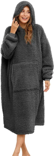 Vista 10 de Manta Sherpa con capucha de gran tamaño, sudadera con capucha y manga larga y bolsillo, color beige