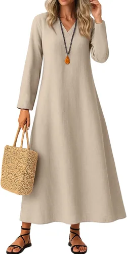 Vista 11 de Vestido de lino de algodón para mujer, de manga larga, holgado, ligero, básico, con cuello en V, vestido largo y modesto