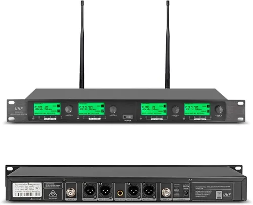 Vista 2 de Sistema de Micrófono Inalámbrico Pro UHF de 4 Canales 4 Paquetes de Cuerpo Lavalier 4 Micrófonos de Solapa 4 Auriculares para Sistema de Karaoke