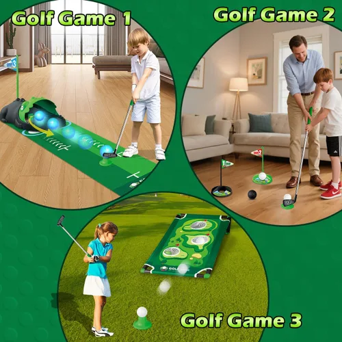 Vista 5 de TERRAMUS Juego de golf 3 en 1 para niños con devuelvedor automático de dinosaurio, tablero de Cornhole de golf, bolas con luz LED, alfombra de putt