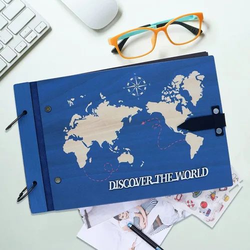 Vista 7 de ZEEYUAN Regalo del Día del Padre de Esposa/Hija/Hijo Álbum de Libro de Recortes de Madera Mapa del Mundo Diario de Viaje Libro de Recortes Nuestro