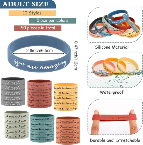 Vista 2 de Sieral 50 Piezas Pulseras Inspiracionales de Goma Motivacionales Regalos de Agradecimiento a Granel para Estudiantes Mujeres Hombres Pulseras
