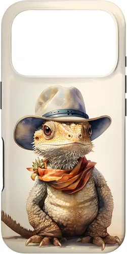 Vista 29 de iPhone 16 Lindo dragón barbudo Beardie con un estuche de sombrero de vaquero