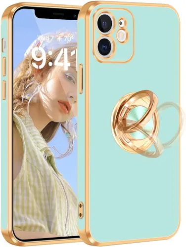 Vista 15 de Fingic Funda para iPhone 12 con Soporte de Anillo, [Soporte de Anillo Giratorio de 360° Magnético con Base] [Borde Dorado Brillante con Enchapado]