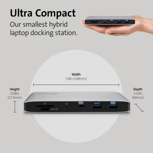 Vista 5 de Kensington SD2480T Thunderbolt 3 y USB-C Dual 4K Estación de acoplamiento con lector de tarjetas PD, SD y Micro SD de 60 W, para Windows y MacBooks