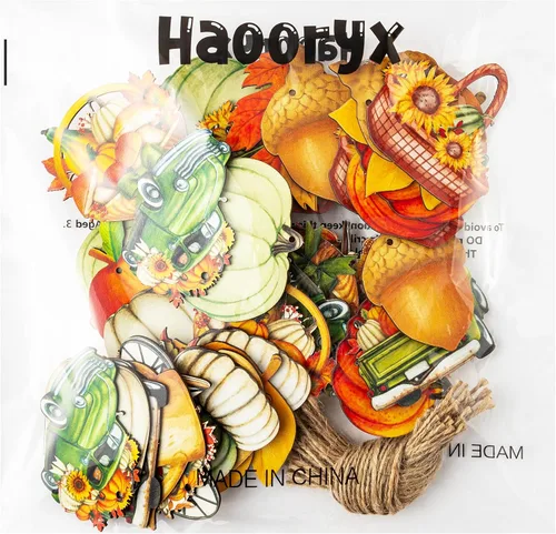 Vista 7 de Haooryx Adorno colgante de madera de acuarela de otoño, 46 piezas de calabaza de otoño, hojas de arce, flores de madera, colgante decorativo