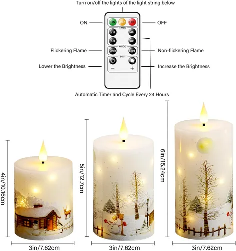 Vista 2 de Velas sin llama de Navidad con control remoto - Velas LED blancas y luces de cadena, juego de 3 con pilas (D3 x A4/5"/6") para decoración