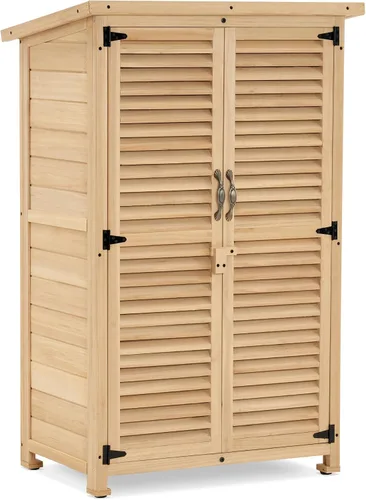 Vista 13 de MCombo Gabinete de Almacenamiento Exterior, Cobertizo de Almacenamiento de Madera con Pestillo, Cobertizo de Herramientas de Jardín Exterior con 2
