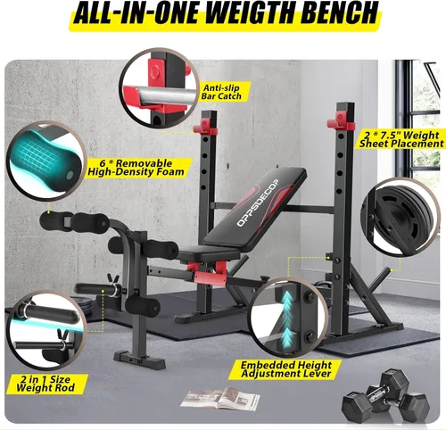 Vista 6 de OPPSDECOR 900LBS Weight Bench Set with Squat Rack Foldable Bench Press Set with Leg Extension & Leg Curl Professional Flat/Incline/Decline Workout