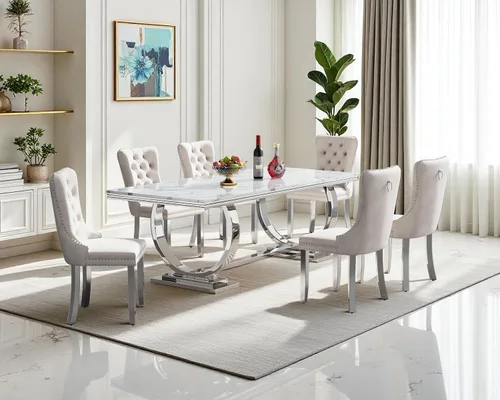 Vista 15 de Juego de mesa de comedor de mármol sintético, 7 piezas, juego de mesa de cocina y comedor para 6, mesa de comedor rectangular blanca de 70 pulgadas
