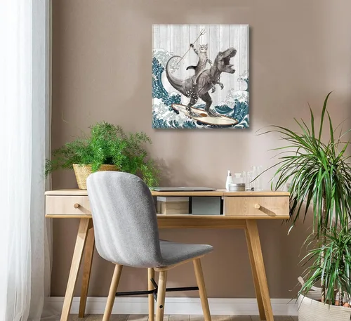 Vista 3 de WWN Divertido arte de pared de dinosaurio para montar en gato, divertido arte de pared de T-Rex Surfing, pintura para decoración de pared, póster
