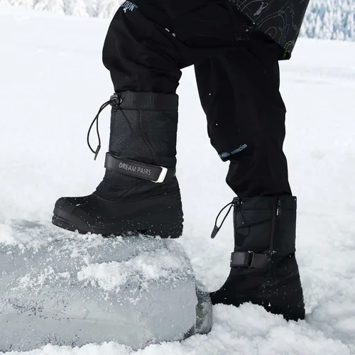 Vista 2 de DREAM PAIRS - Botas de nieve para invierno, resistentes al agua, a media pantorrilla, para niños y niñas pequeños y grandes Negro