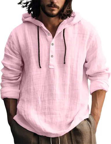 Vista 34 de Camisas de lino para hombre, ligeras, con botones, de manga larga, con capucha, ajuste regular, de algodón, para la playa