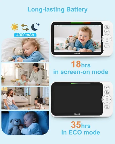 Vista 5 de Blemil Monitor de Bebé con Video Mejorado con Cámara y Audio, Pantalla Grande de 6", Batería de 35 Horas, Monitor de Bebé Sin WiFi, Cámara Remota