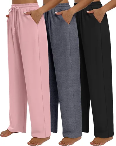 Vista 8 de Neer Paquete de 3 pantalones de yoga para mujer con bolsillos, cintura alta, cómodos, con cordón, pantalones deportivos sueltos de pierna ancha