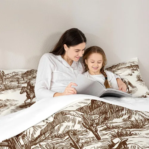 Vista 5 de Juego de edredón de vaquero individual, ropa de cama occidental para niños y hombres, ilustración dibujada a mano de caballo americano salvaje
