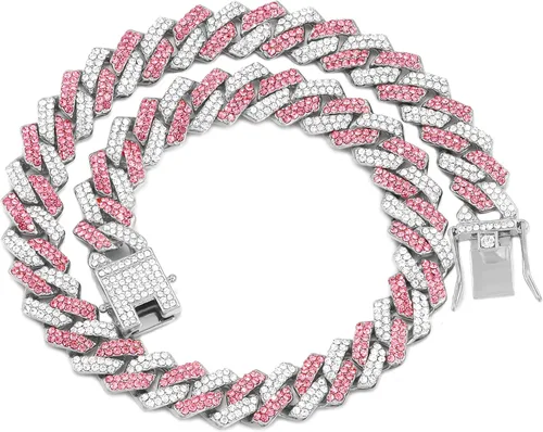 Vista 17 de Collar de cadena dorada para perro, collar cubano de diamantes para caminar, collar de cadena de metal con diseño de hebilla segura, collares