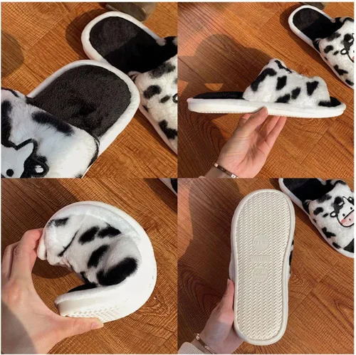 Vista 4 de Pantuflas Kawaii de vaca peluda para mujer, cómodas, con puntera abierta, lindas sandalias de invierno de animales