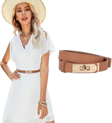 Vista 373 de Cinturón de cuero clásico con hebilla de metal para mujer con vestido de jeans
