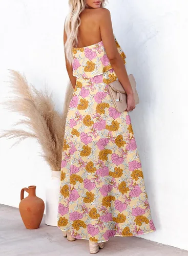 Vista 3 de Dokotoo Vestidos sin tirantes para mujer, casual, de verano, cintura alta, con abertura lateral, estilo bohemio, maxi vestido