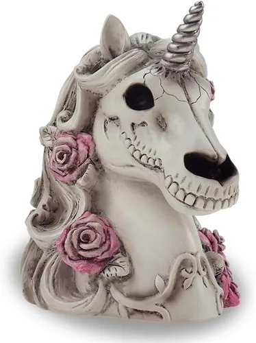 Vista 4 de Alcancía gótica de calavera de unicornio, calavera de azúcar, regalo para mujeres y adultos, Halloween, día de esqueleto gótico, decoración del hogar