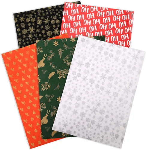 Vista 4 de PAPER FAIR HoHoHo - Juego de 100 hojas de papel de seda de regalo verde vintage dorado y plateado, papel de seda de copo de nieve HoHoHo, para caja