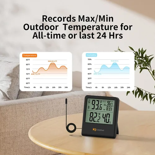 Vista 4 de Termómetro Digital Interior y Exterior con Cable, Monitor de Temperatura Interior y Exterior con Registro de Mínimo/Máximo y Sensor de Sonda