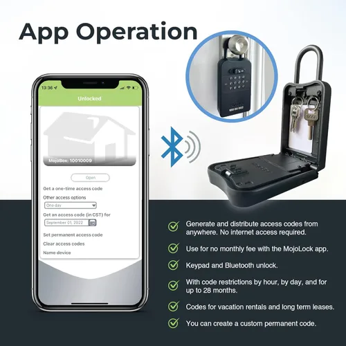 Vista 2 de MojoBox, Caja de seguridad digital, caja de bloqueo con llave Bluetooth, la aplicación iOS/Android genera de forma remota códigos de acceso sin