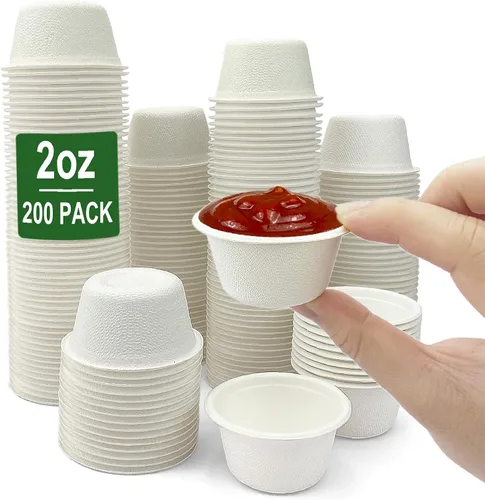 Vista 8 de CAMKYDE Vasos de Soufflé Desechables de Fibra de Bagazo de 2 oz, Paquete de 100, Vasos para Condimentos 100% Naturales Biodegradables Compostables