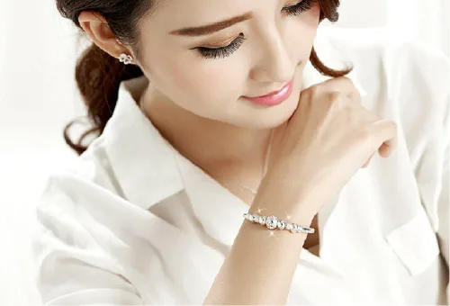 Vista 5 de Pulsera de cuentas de plata de ley simple para mujer, diseño abierto, Metal