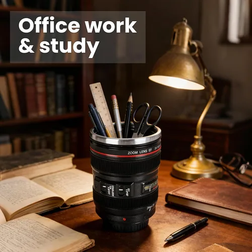 Vista 5 de Taza de café con lente de cámara, a prueba de fugas, 13.5 onzas, SUS-304, taza de viaje de acero inoxidable con cuchara, sin BPA, tapa para Negro