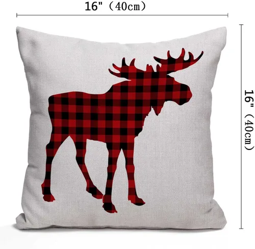 Vista 2 de Nphuriy Funda de almohada decorativa Animal Moose Red and Black Chess Plaid Scottish Buffalo de algodón y lino, funda de cojín cuadrada para sofá
