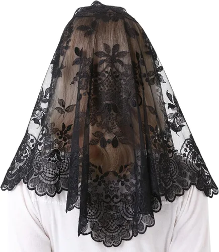 Vista 3 de Cabeza Tradicional Bordado Mantilla Encaje Triángulo Mantilla Velo Latino Masa