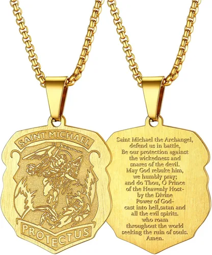 Vista 20 de FaithHeart Collar de San Miguel, acero inoxidable, chapado en oro de 18 quilates, amuleto colgante de San Miguel Arcángel para hombres y mujeres