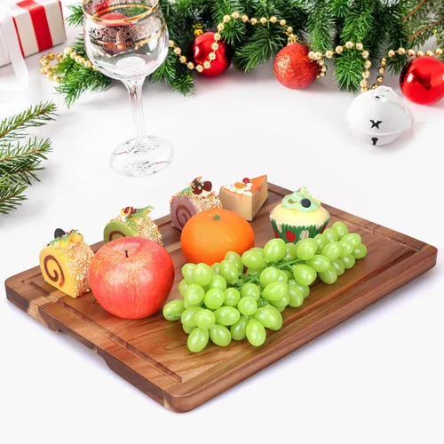 Vista 5 de Tabla de cortar de madera de acacia para cocina, tabla de cortar de madera con mango lateral y ranura para jugo, tabla de tallar de 15 x 11