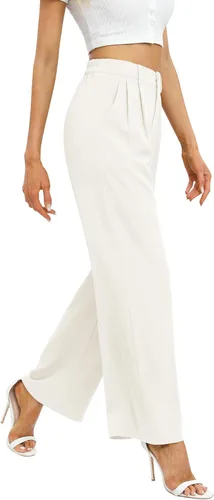 Vista 3 de Feiersi Pantalones de trabajo de negocios para mujer, de cintura alta, pantalones de pierna ancha, pantalones largos y rectos con bolsillo