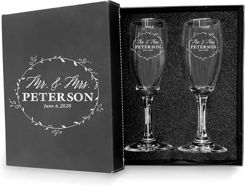 Vista 32 de Juego de 2 copas de champán personalizadas para boda grabadas con caja - Bride & Groom's Wedding Toast