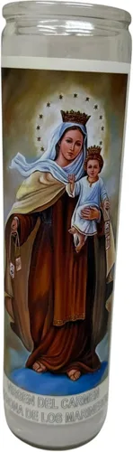 Vista 5 de Virgen del Carmen veladora de rezo sin fragancia 14 oz Vaso Grande UNA pieza Vela de oración de una pieza 14 oz de vidrio alto oración al reverso