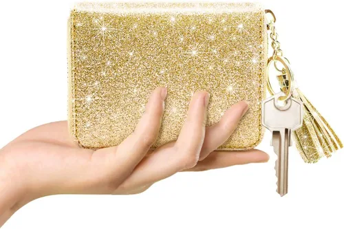 Vista 4 de Billetera pequeña para tarjetas de crédito RFID con purpurina linda para mujer