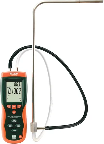 Vista 2 de Extech HD350 Anemómetro de tubo Pitot y manómetro diferencial Velocidad del aire/flujo y presión diferencial, tubo pitot inoxidable, registro