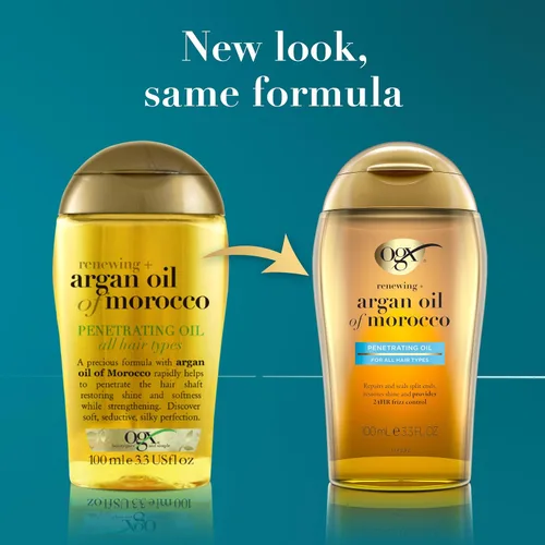 Vista 4 de OGX Aceite de argán renovador + de Marruecos, aceite de argán prensado en frío para tratamiento penetrante y brillo del cabello, aceite sedoso