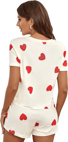 Vista 2 de SweatyRocks Conjunto de pijama para mujer con estampado de corazón, camiseta y pantalones cortos, ropa de dormir suave