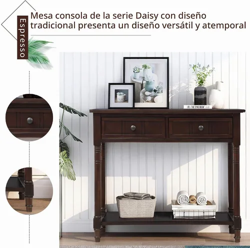 Vista 4 de Merax Mesa de sofá de madera maciza con 2 cajones de almacenamiento y estante inferior, mesa de consola para sala de estar, pasillo, espresso