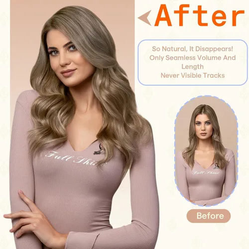 Vista 24 de Full Shine - Extensiones de cabello humano con cinta, mezcla de rubio hongo # 8 castaño ceniza resaltado 60 rubio ceniza