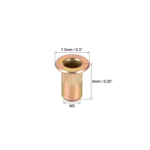 Vista 3 de uxcell Tuercas de remache de acero al carbono M3 Inserto de cabeza plana amarillo cinc plateado 50 PC
