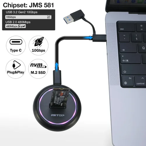 Vista 3 de Estación de acoplamiento NVMe a USB, carcasa SSD RIITOP M.2 para SSD NVMe y (B+M Key SATA)